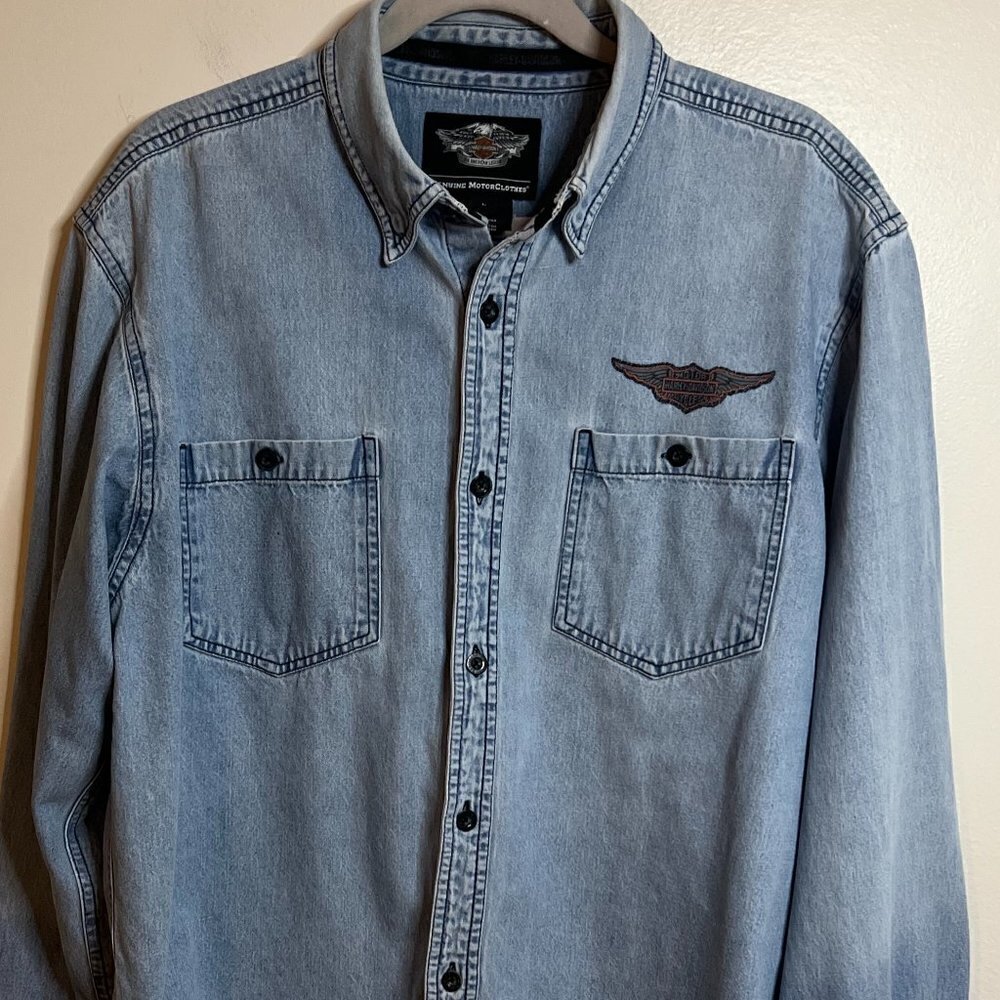 Harley Davidson Motorcycle Spellout Denim Button Front Jean Shirt Size L
